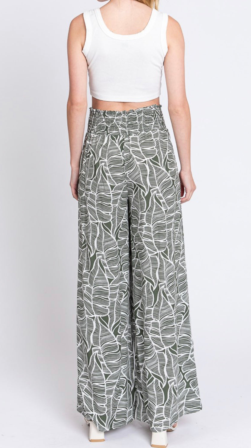 LEENA Olive Leaf Wide Leg Pants with Pockets
