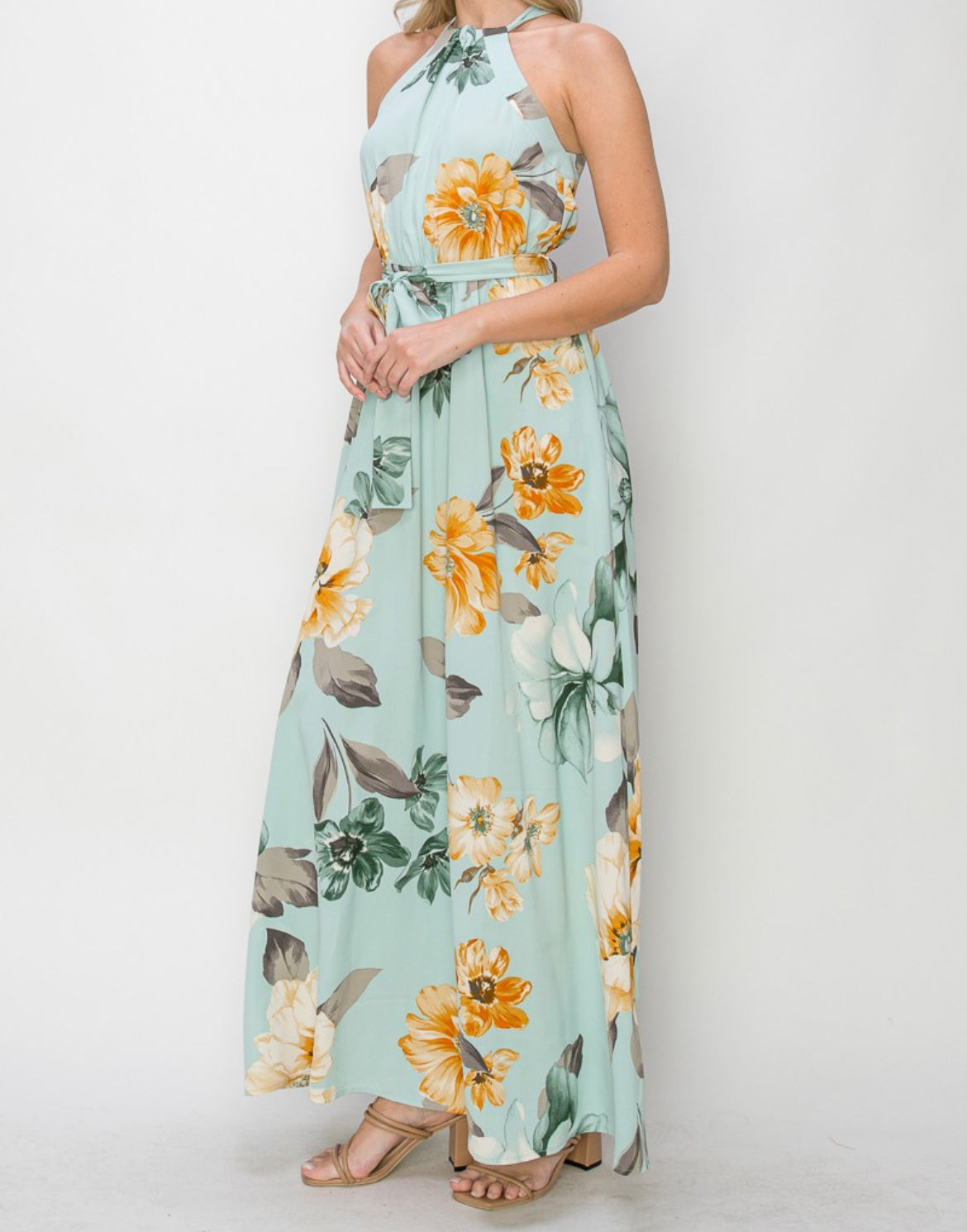 AMBER Sage Floral Halter Dress