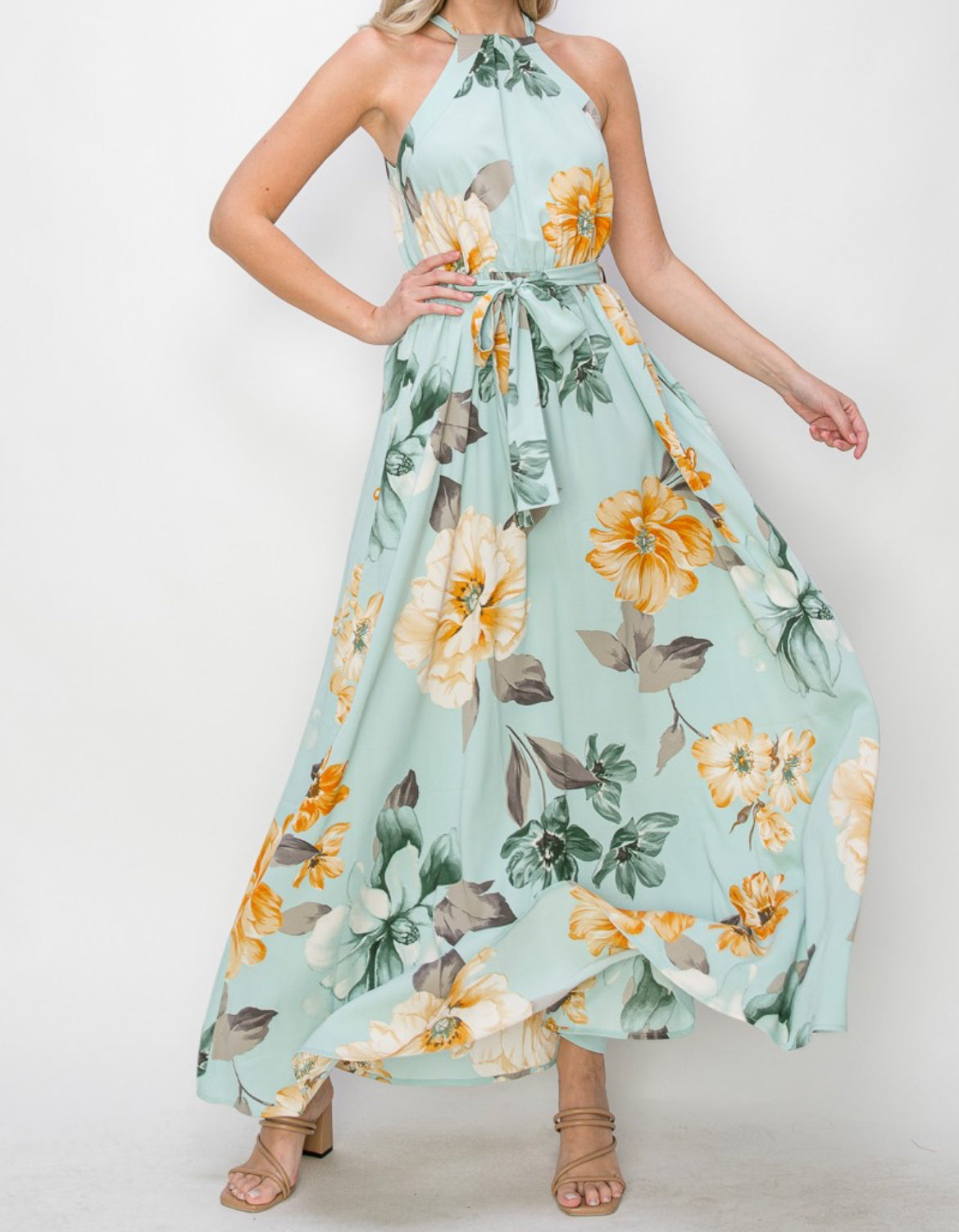 AMBER Sage Floral Halter Dress